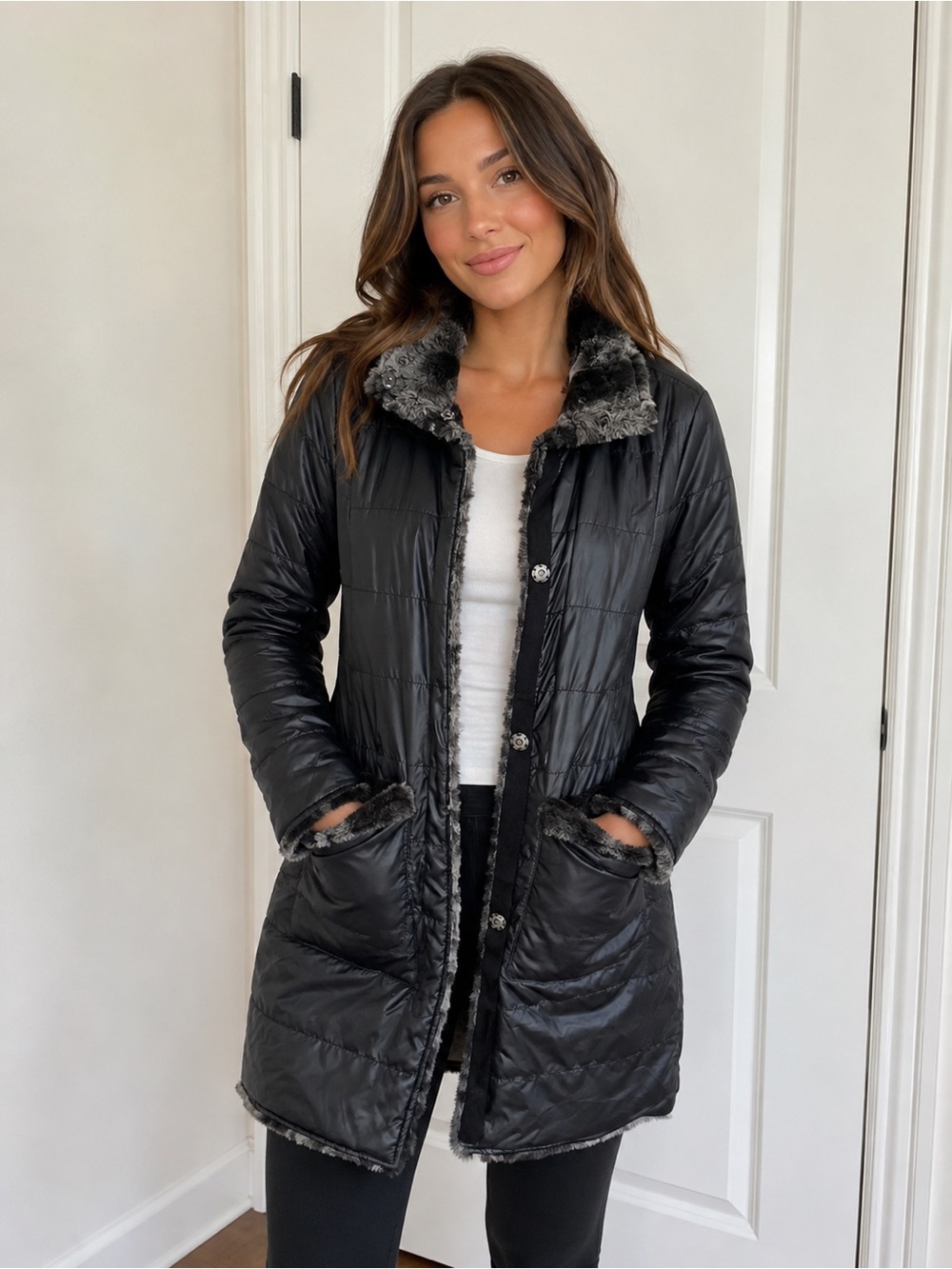 Via Spiga Women’s Faux-Fur Trim Quilted Coat size small